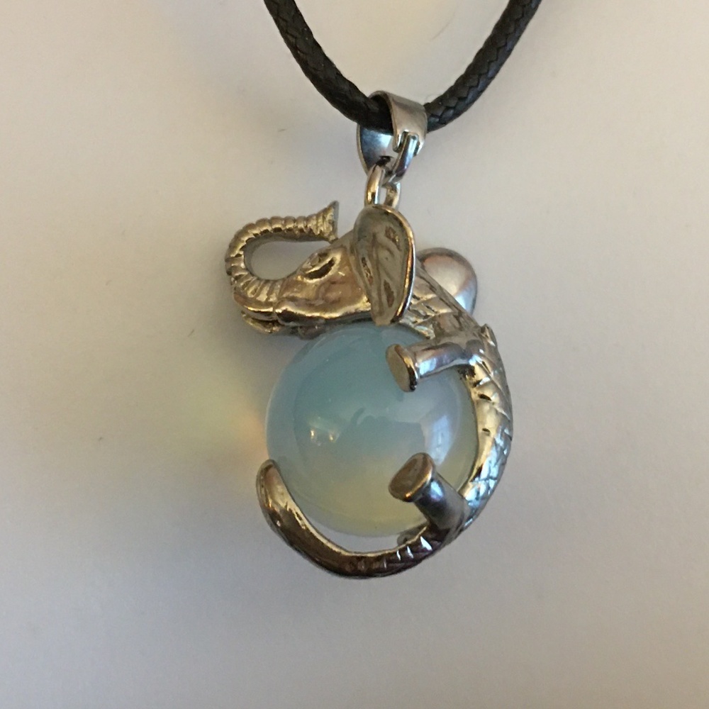 Genuine Milky Opalite Sphere & Silver Elephant Pendant Necklace, Black Cord, New